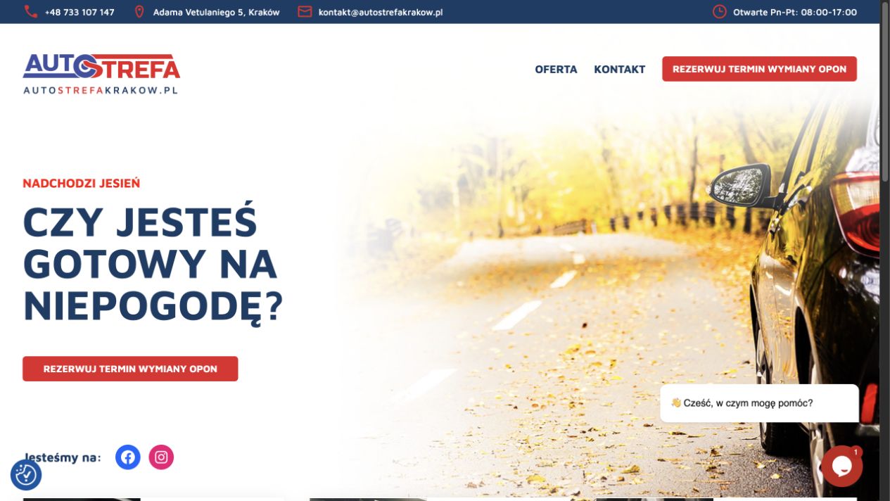 Strona AutoStrefy Kraków z możliwością rezerwacji wymiany opon.