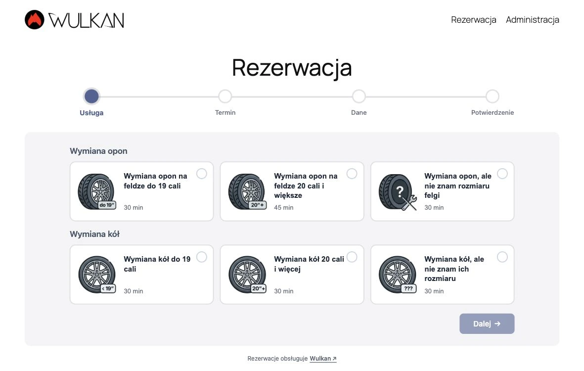 Formularz Wulkan App: wybór wymiany opon lub kół i czasu usługi.